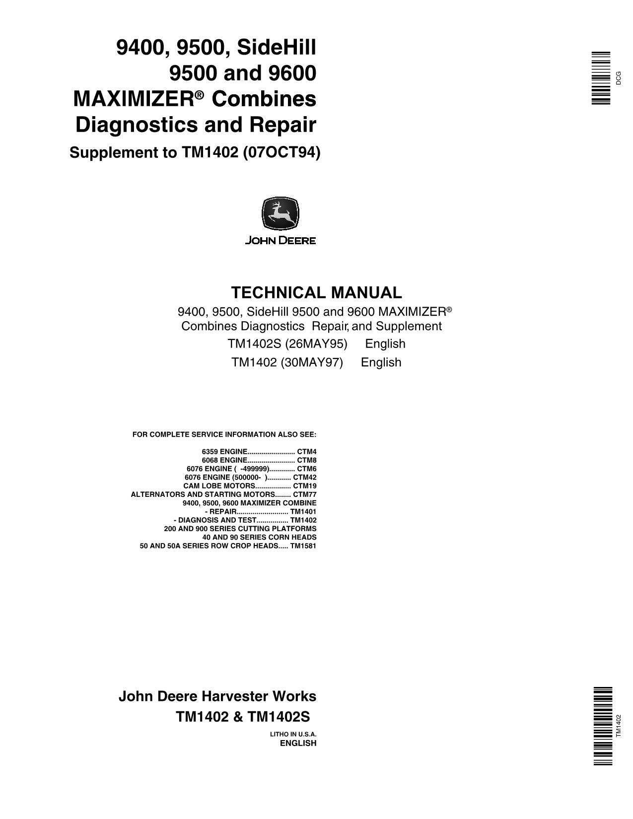 JOHN DEERE 9500 9501 9600 9400 COMBINE OPERATOIN TEST MANUAL