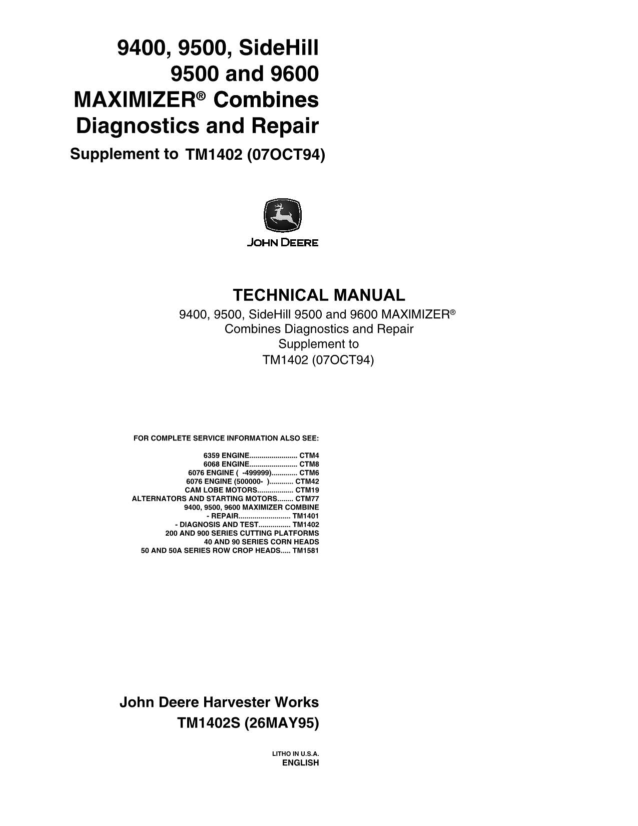 JOHN DEERE 9500 9501 9600 9400 MÄHDRESCHER-BETRIEBSTESTHANDBUCH