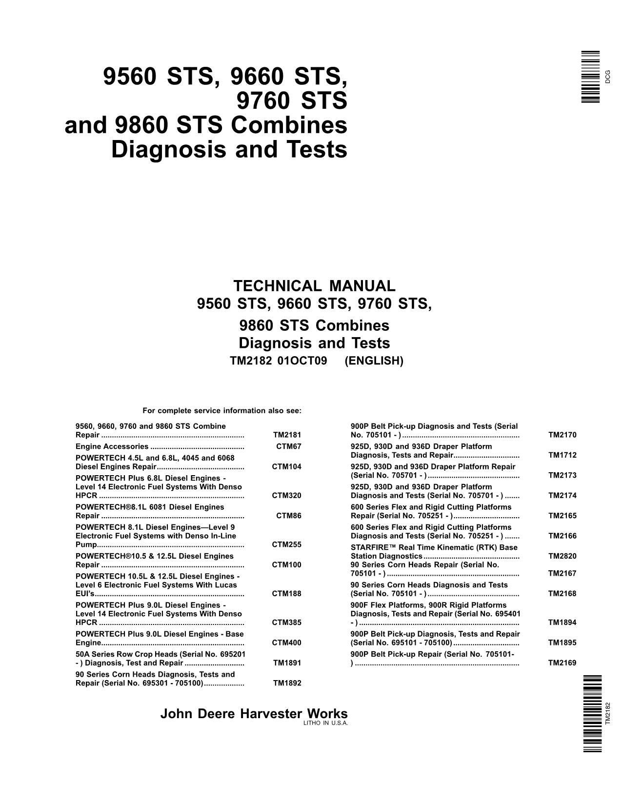 JOHN DEERE 9860 STS  9660 STS  9760 STS COMBINE DIAGNOSTIC TECHNICAL MANUAL