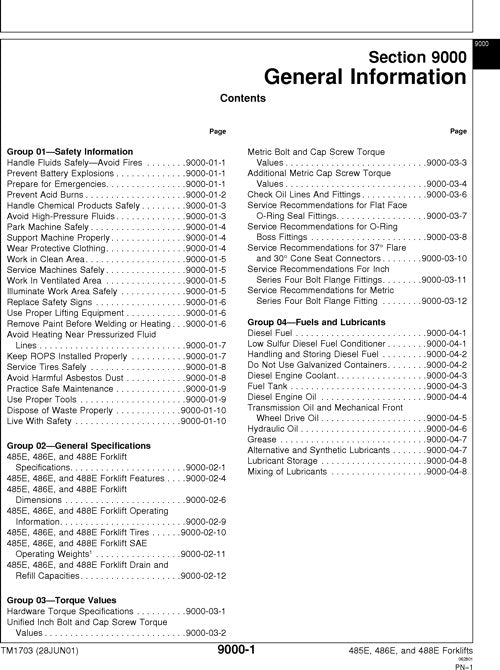 JOHN DEERE 485E 486E 488E FORKLIFT OPERATION TEST MANUAL