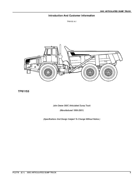 JOHN DEERE 300C DUMP TRUCK PARTS CATALOG MANUAL