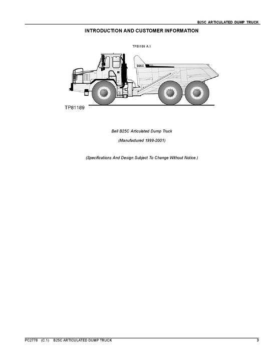 JOHN DEERE BELL B25C DUMP TRUCK PARTS CATALOG MANUAL