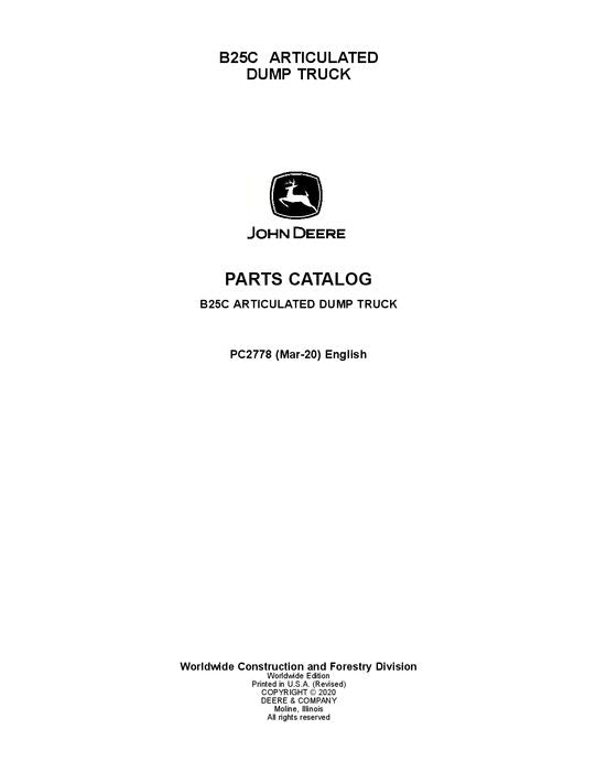 JOHN DEERE BELL B25C DUMP TRUCK PARTS CATALOG MANUAL