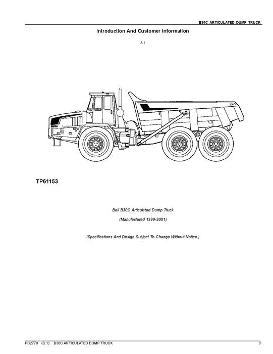 JOHN DEERE BELL B30C DUMP TRUCK PARTS CATALOG MANUAL