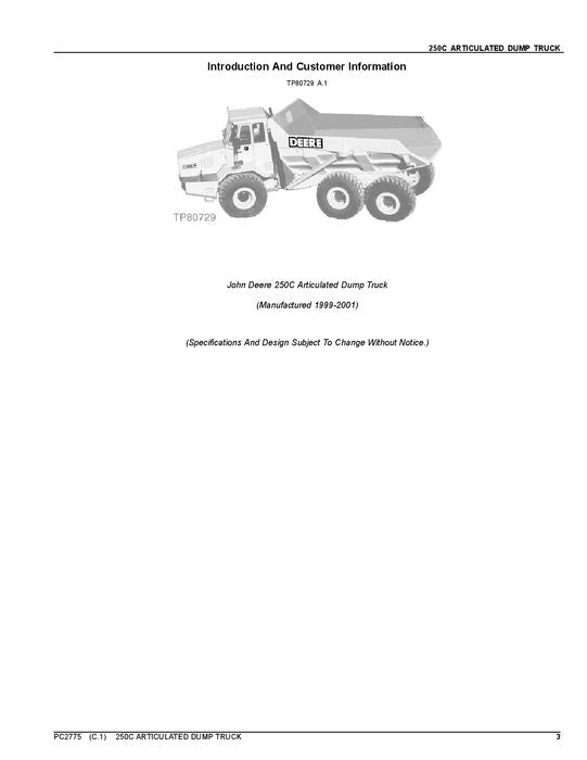 JOHN DEERE 250C DUMP TRUCK PARTS CATALOG MANUAL