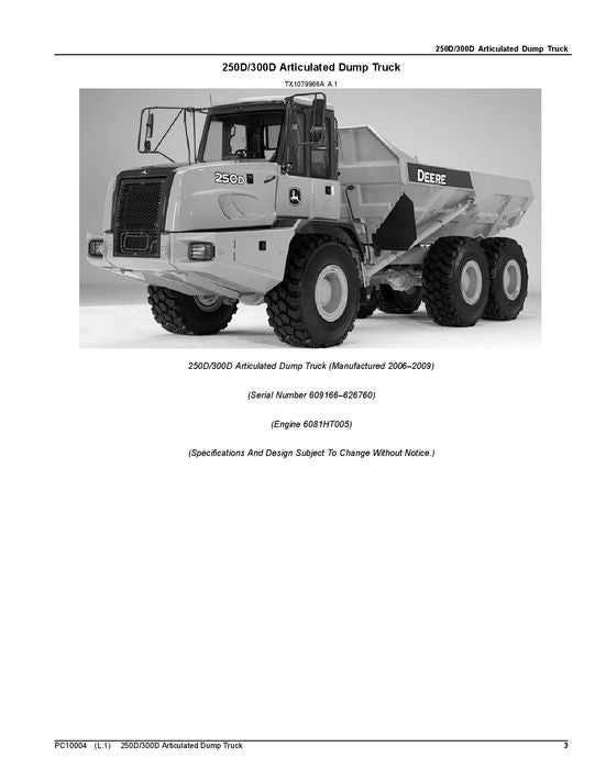 JOHN DEERE 250D 300D DUMP TRUCK PARTS CATALOG MANUAL #1