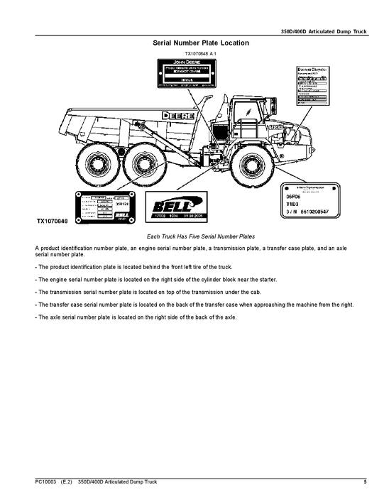 JOHN DEERE 350D 400D DUMP TRUCK PARTS CATALOG MANUAL #1