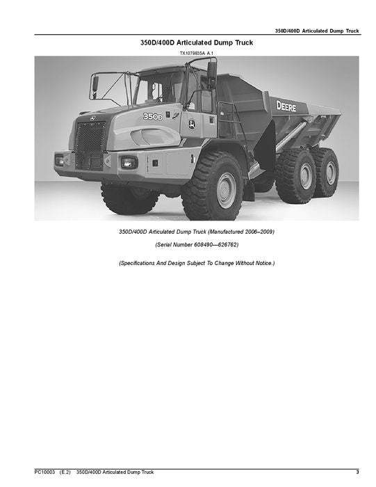 JOHN DEERE 350D 400D DUMP TRUCK PARTS CATALOG MANUAL #1