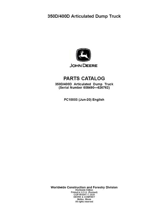 JOHN DEERE 350D 400D DUMP TRUCK PARTS CATALOG MANUAL #1