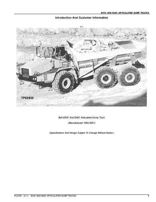 JOHN DEERE BELL B35C B40C DUMP TRUCK PARTS CATALOG MANUAL