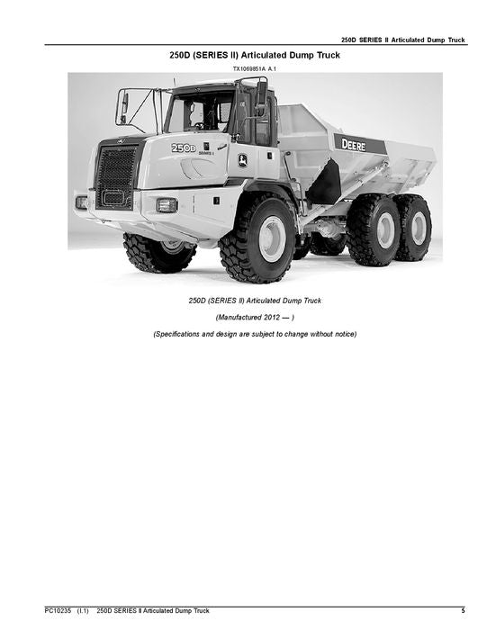 JOHN DEERE 250D SERIES II DUMP TRUCK PARTS CATALOG MANUAL