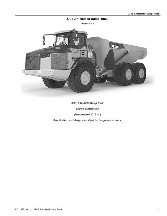 JOHN DEERE 370E DUMP TRUCK PARTS CATALOG MANUAL #3