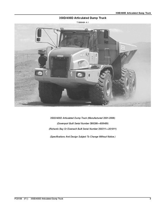 JOHN DEERE 350D, 400D DUMP TRUCK PARTS CATALOG MANUAL #2