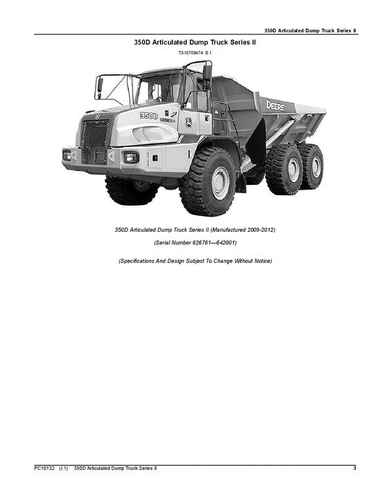 JOHN DEERE 350D DUMP TRUCK PARTS CATALOG MANUAL