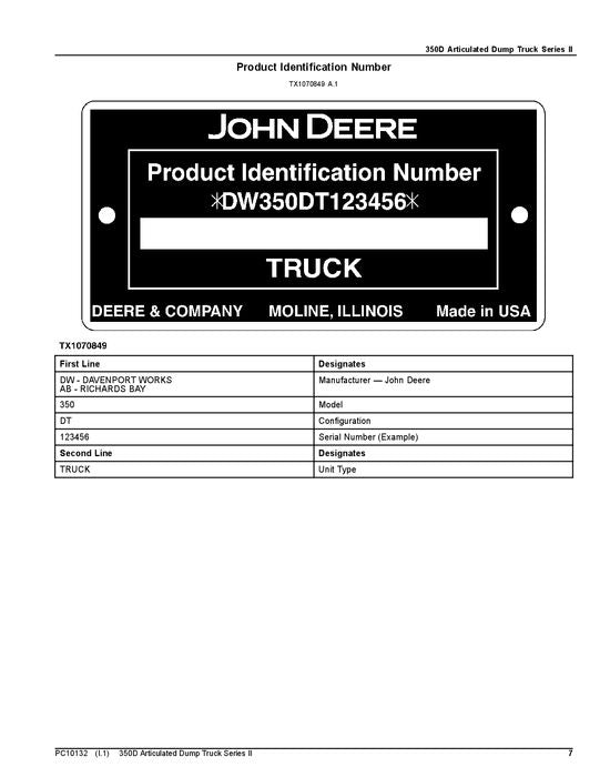 JOHN DEERE 350D DUMP TRUCK PARTS CATALOG MANUAL