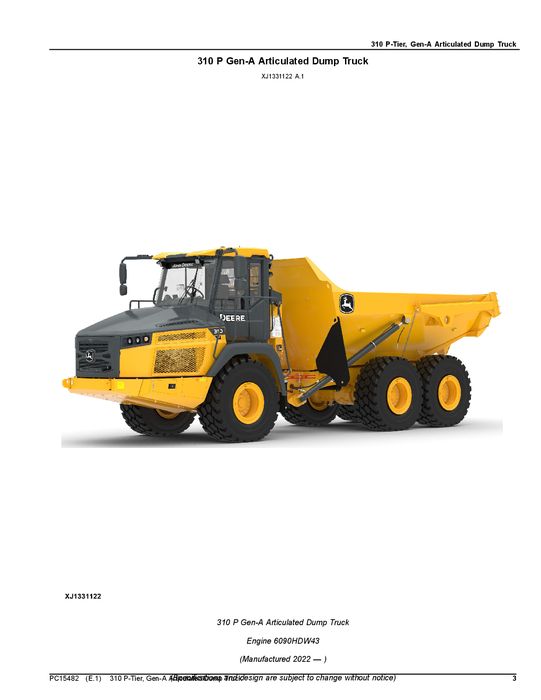 JOHN DEERE 310P DUMP TRUCK PARTS CATALOG MANUAL