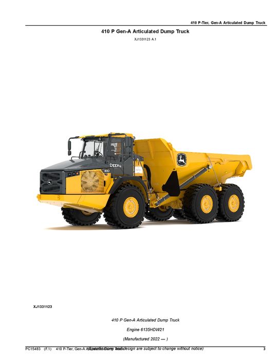 JOHN DEERE 410P DUMP TRUCK PARTS CATALOG MANUAL