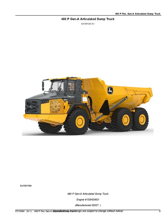 JOHN DEERE 460P DUMP TRUCK PARTS CATALOG MANUAL