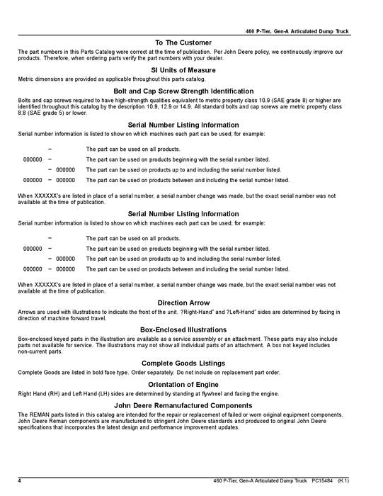 JOHN DEERE 460P MULDENKIPPER ERSATZTEILKATALOGHANDBUCH