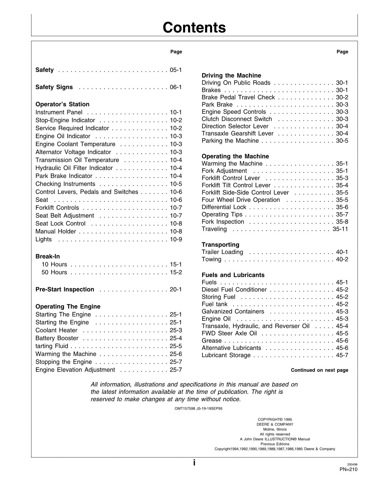 JOHN DEERE 482C FORKLIFT OPERATORS MANUAL