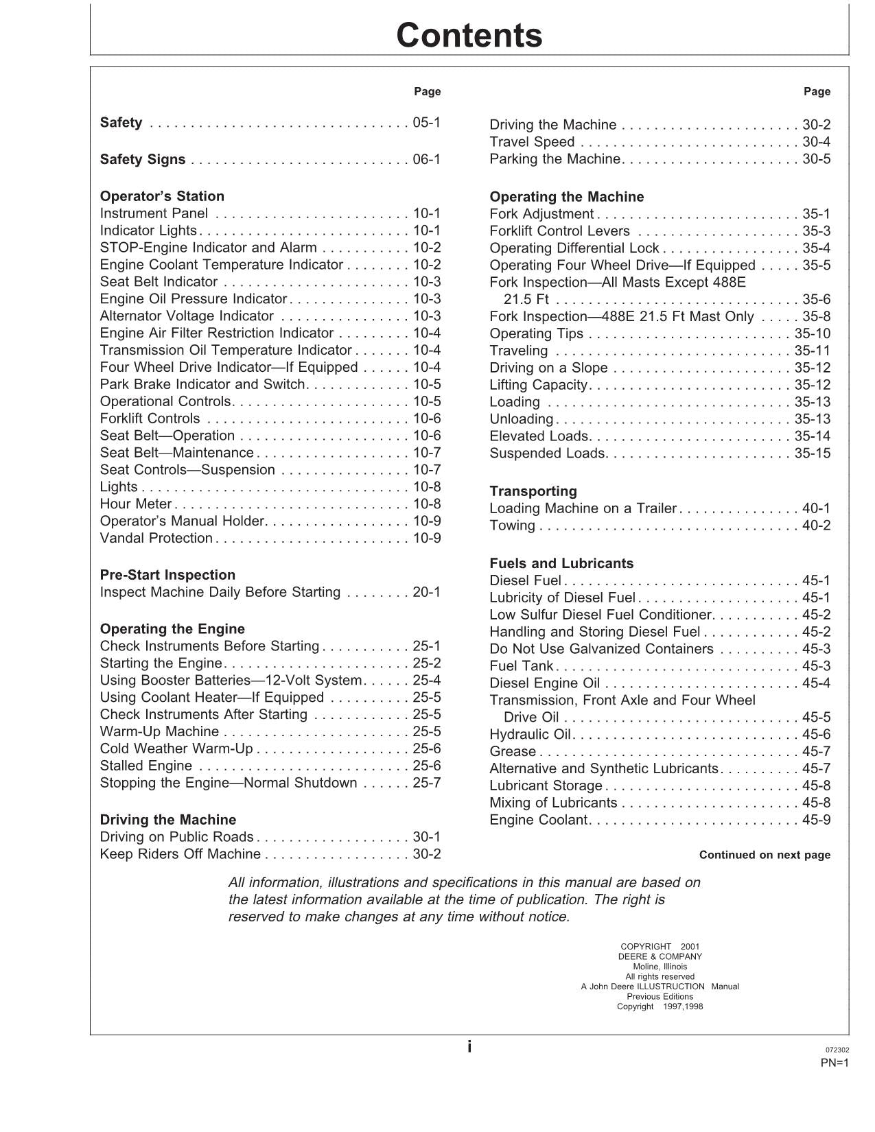 JOHN DEERE 485E 486E 488E FORKLIFT OPERATORS MANUAL