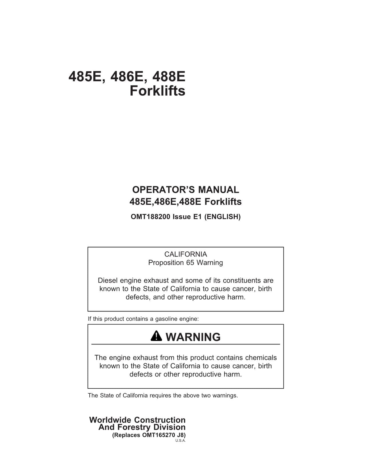 JOHN DEERE 485E 486E 488E FORKLIFT OPERATORS MANUAL