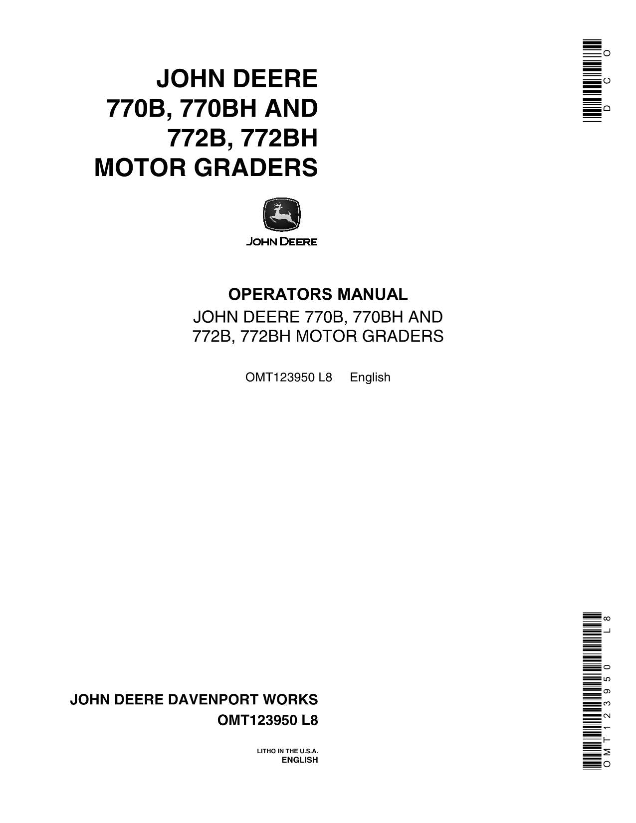 JOHN DEERE 770B 770BH 772B 772BH MOTOR GRADER OPERATORS MANUAL #1