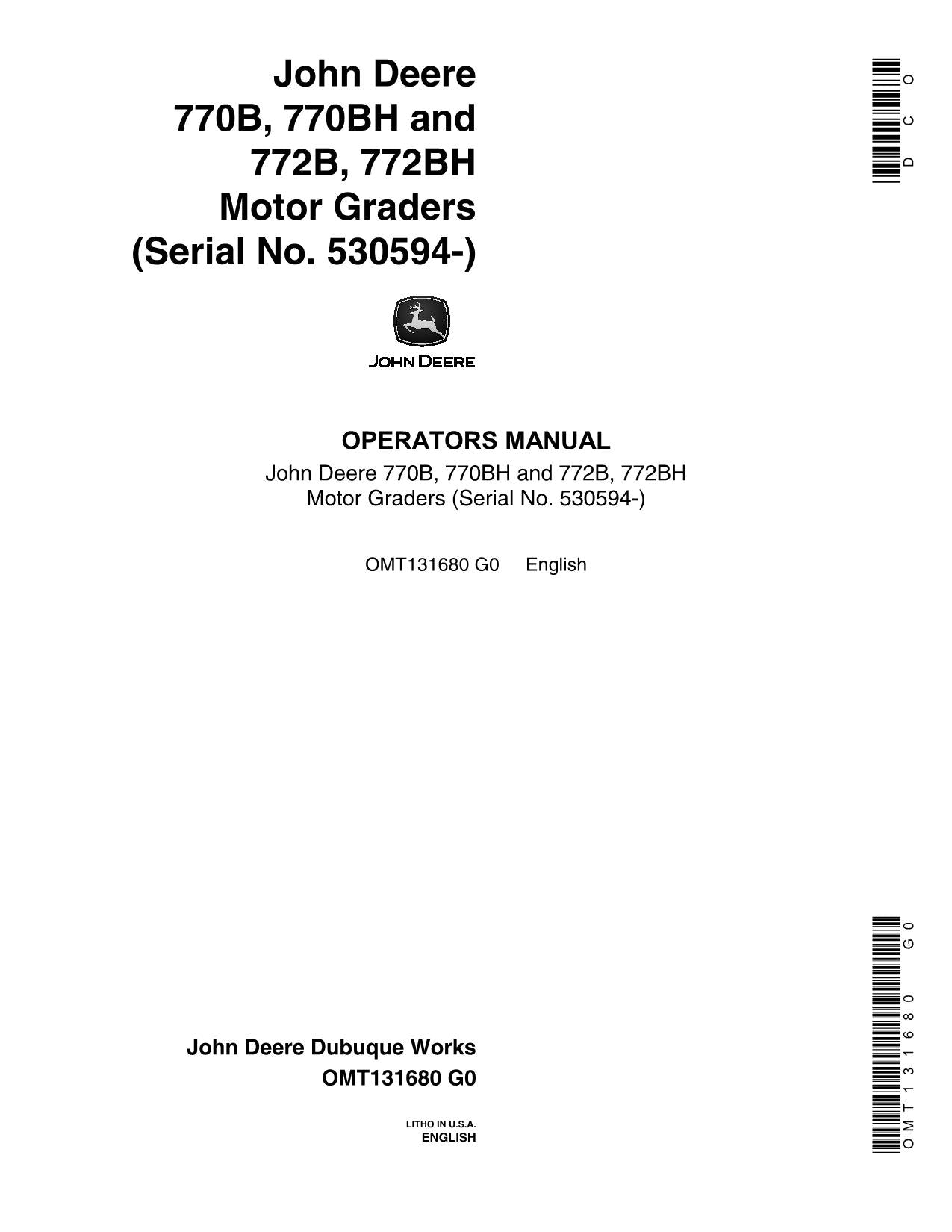 JOHN DEERE 770B 770BH 772B 772BH MOTOR GRADER OPERATORS MANUAL #2