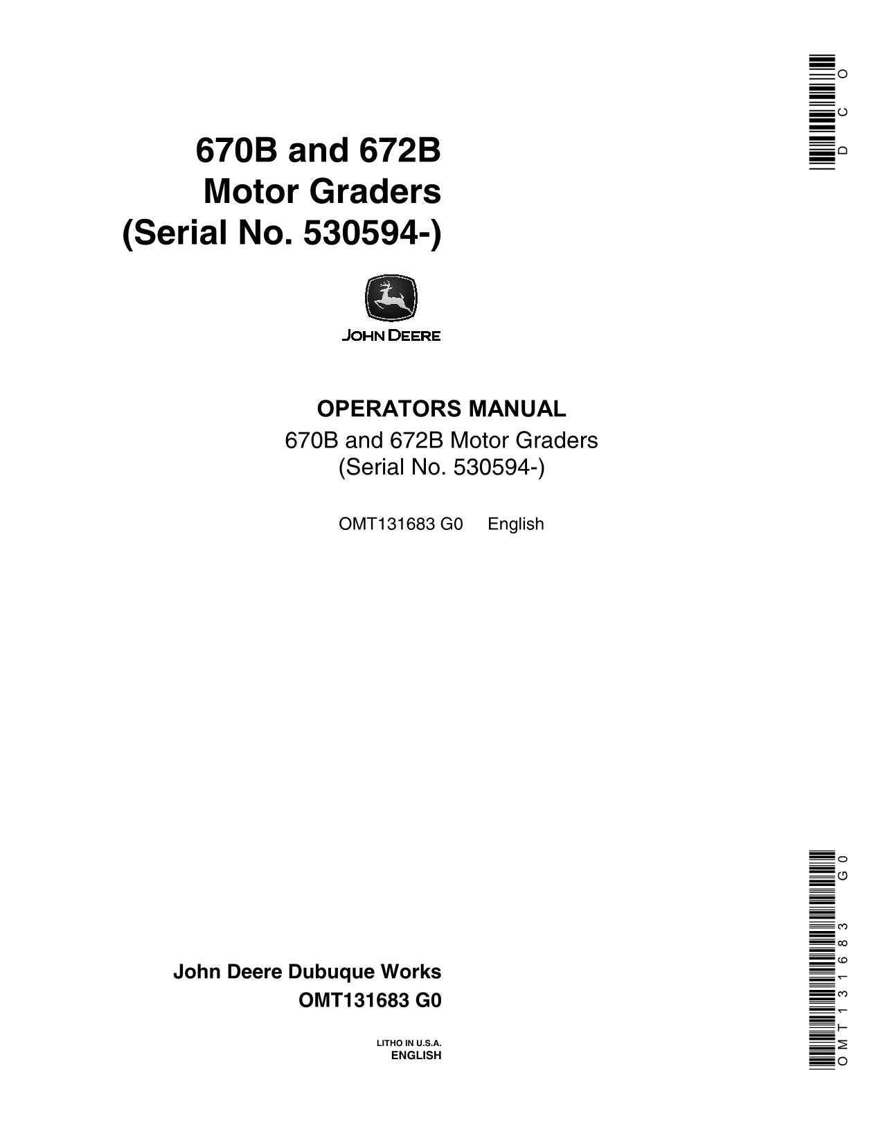 JOHN DEERE 670B 672B MOTOR GRADER OPERATORS MANUAL #2