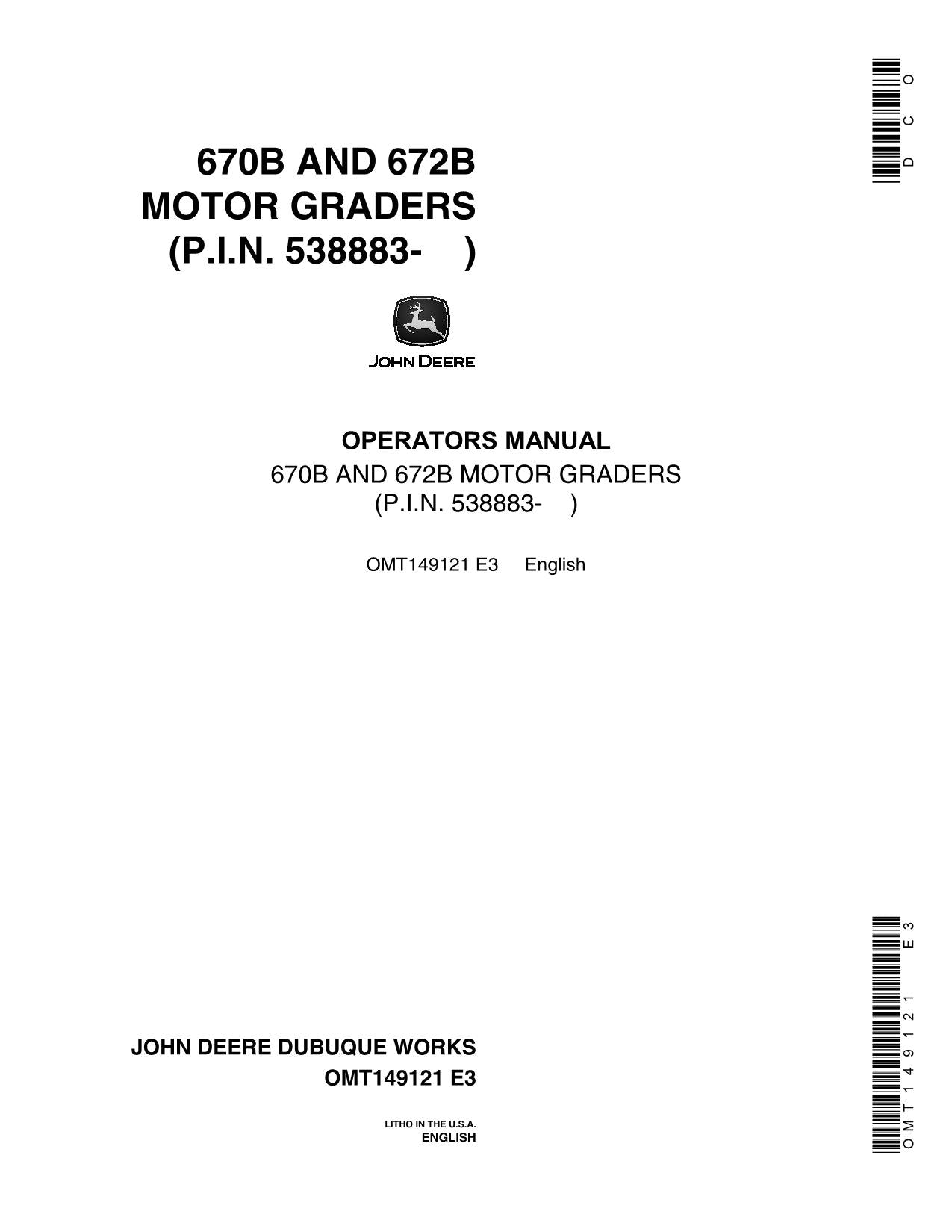 JOHN DEERE 670B 672B MOTOR GRADER OPERATORS MANUAL #3