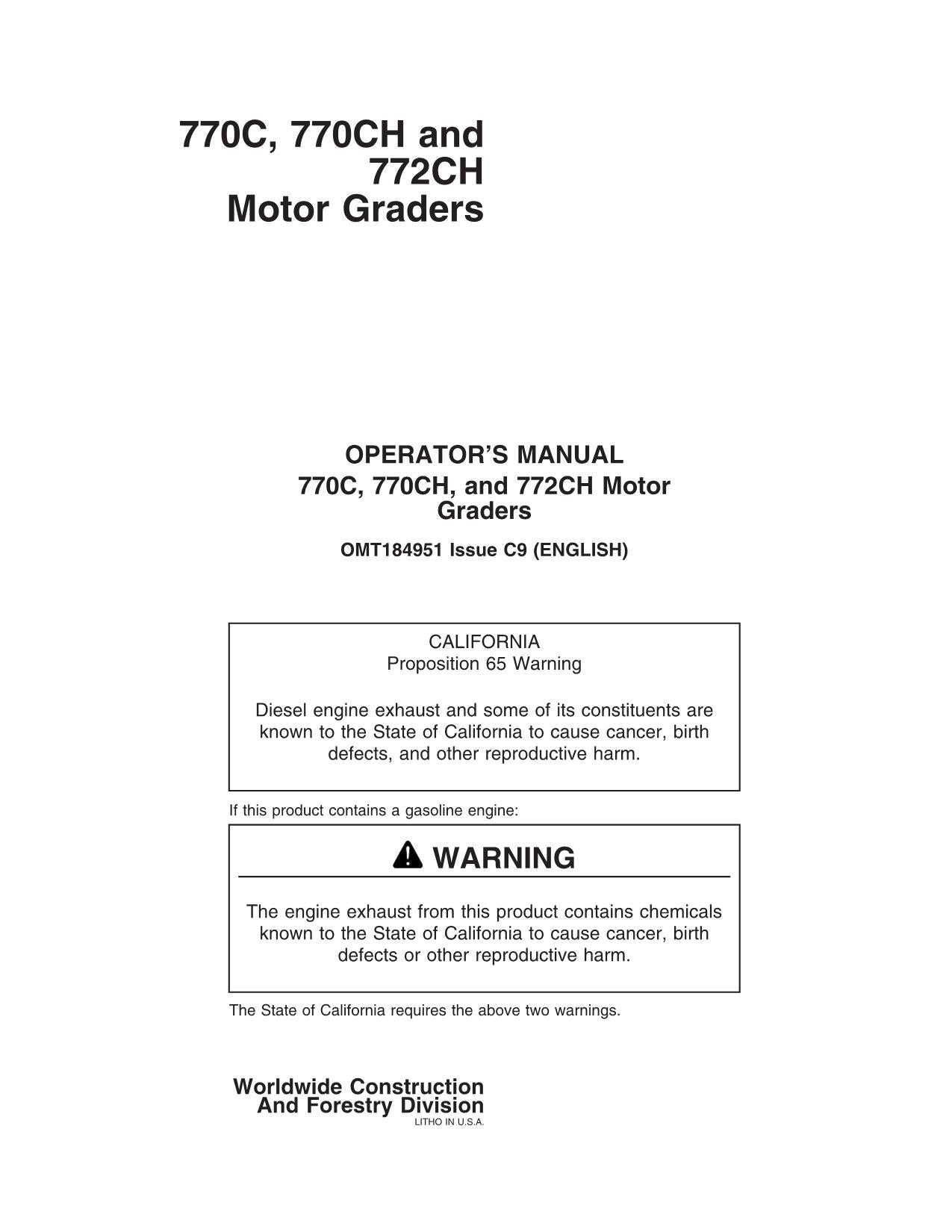 MANUEL D'UTILISATION DE LA NIVELEUSE JOHN DEERE 770C 770CH 772CH