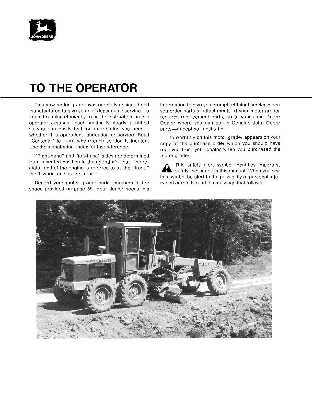 JOHN DEERE 570 MOTOR GRADER OPERATORS MANUAL