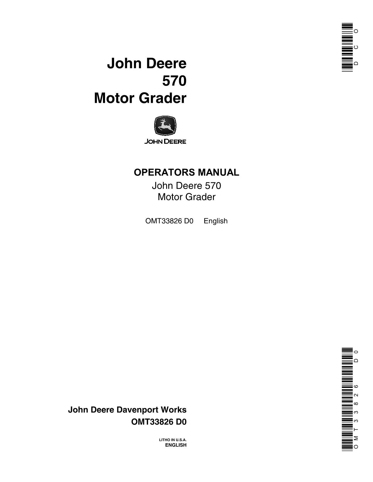 JOHN DEERE 570 MOTOR GRADER OPERATORS MANUAL