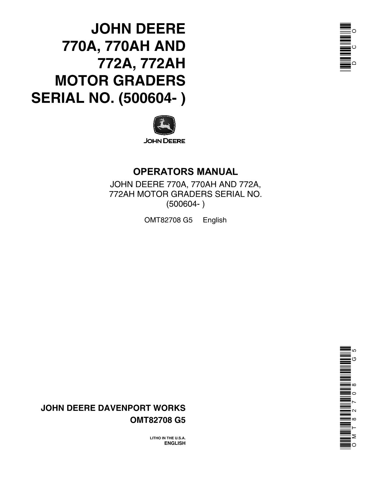 JOHN DEERE 770A 770AH 772A 772AH MOTOR GRADER OPERATORS MANUAL