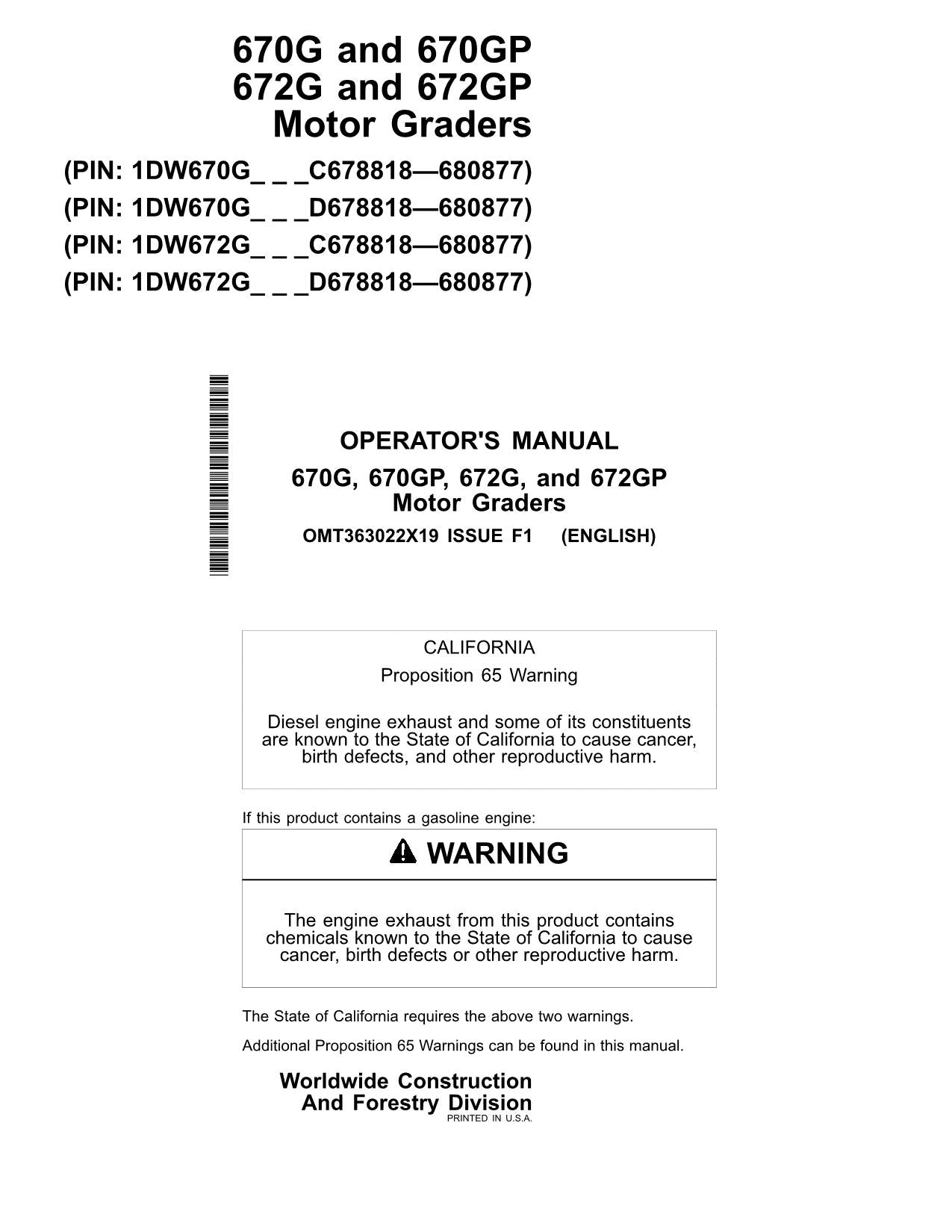 JOHN DEERE 670G 670GP 672G 672GP MOTOR GRADER OPERATORS MANUAL #1