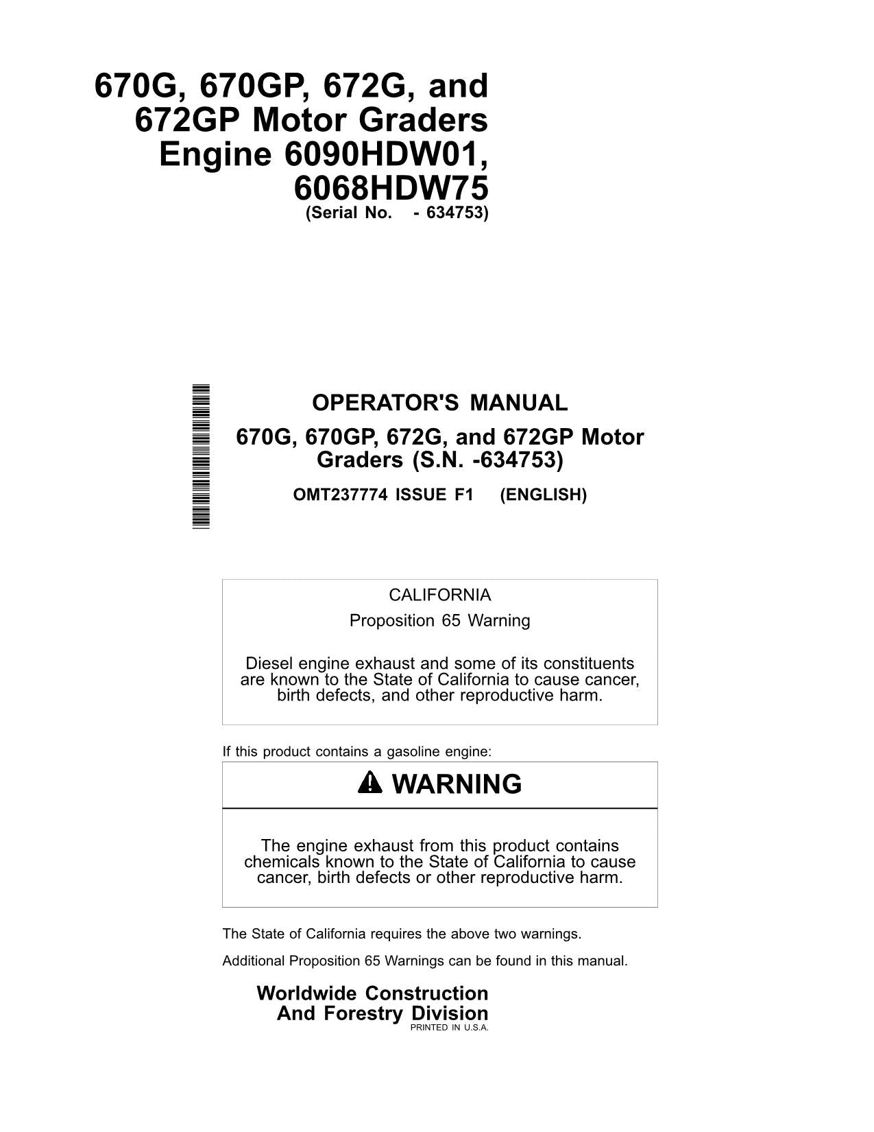 JOHN DEERE 670G 670GP 672G 672GP MOTORGRADER BEDIENUNGSANLEITUNG #2