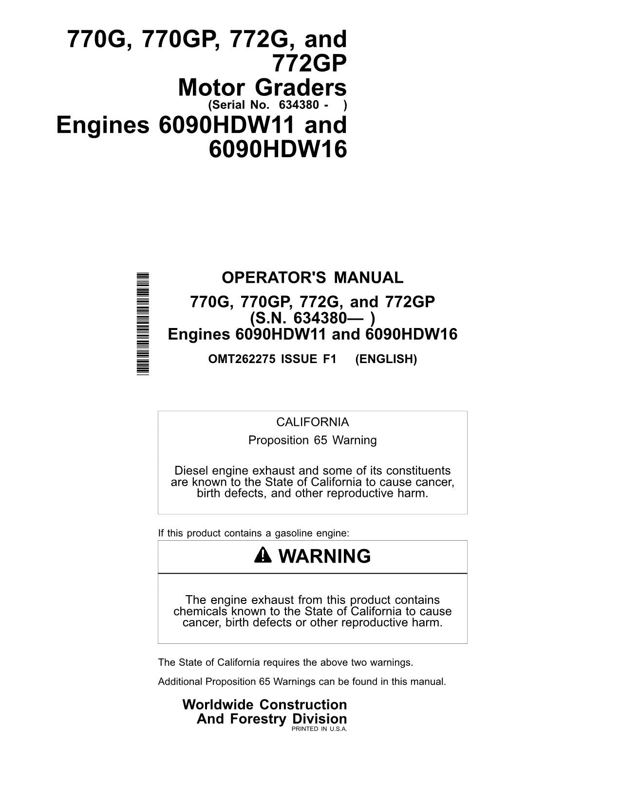 JOHN DEERE 770G 772G 770GP 772GP MOTOR GRADER OPERATORS MANUAL #3