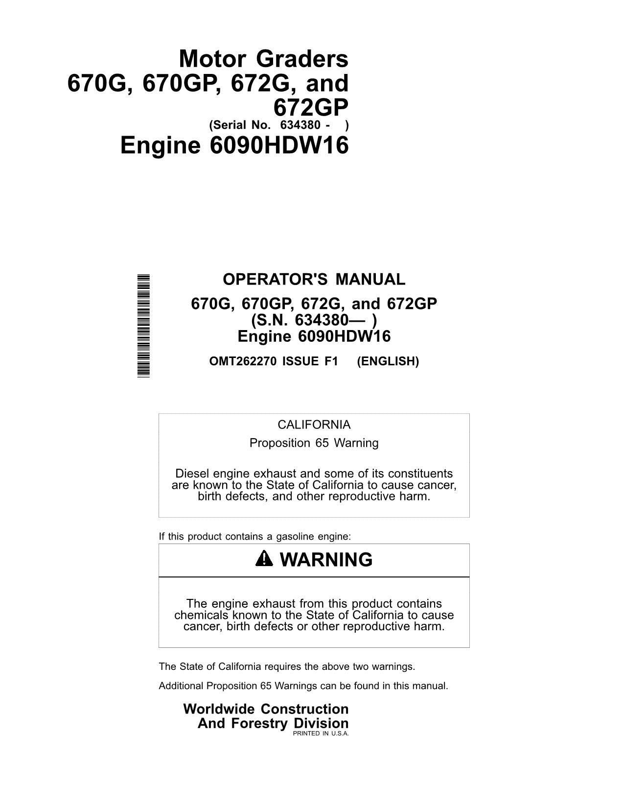 MANUEL D'UTILISATION DE LA NIVELEUSE JOHN DEERE 670G 670GP 672G 672GP #3