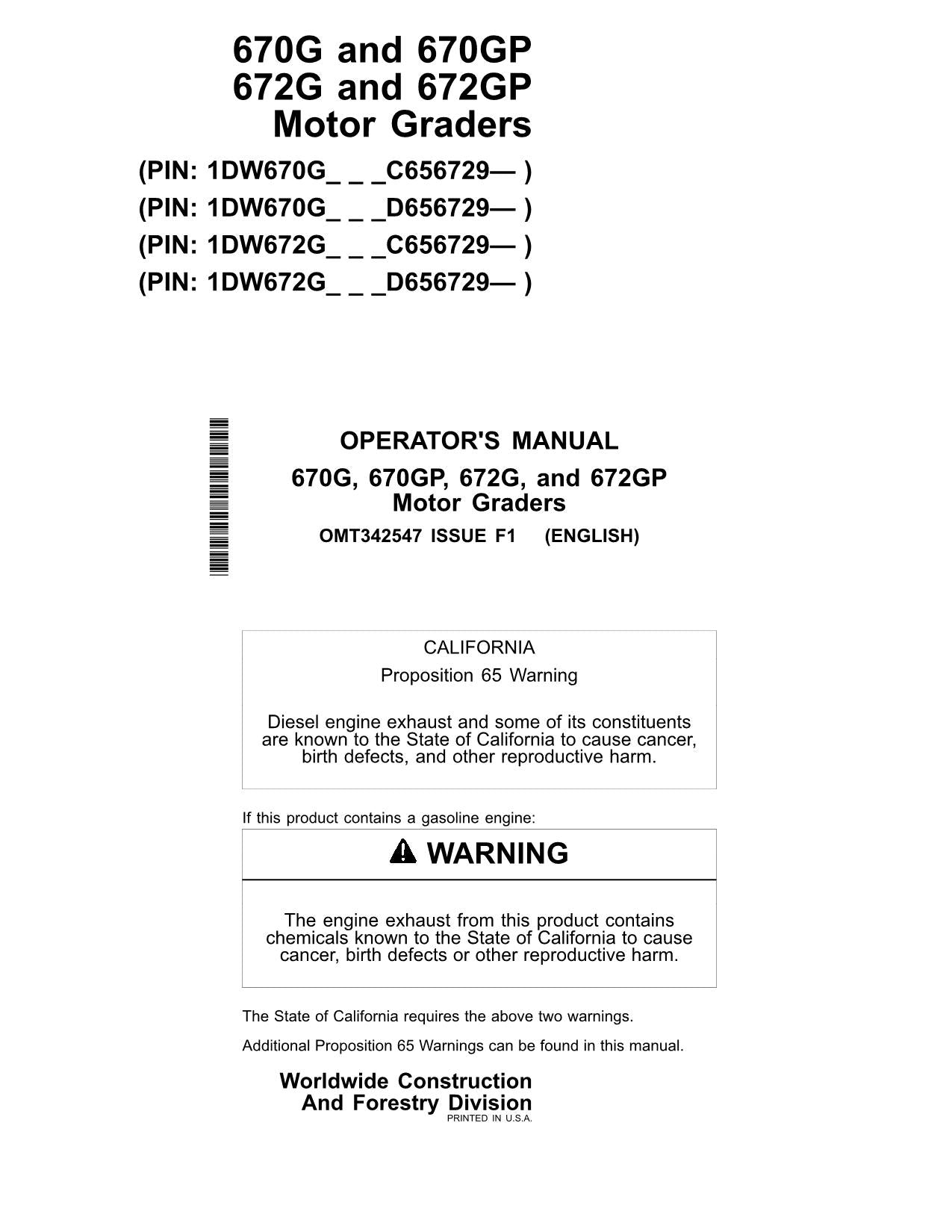 JOHN DEERE 670G 670GP 672G 672GP MOTOR GRADER OPERATORS MANUAL #4