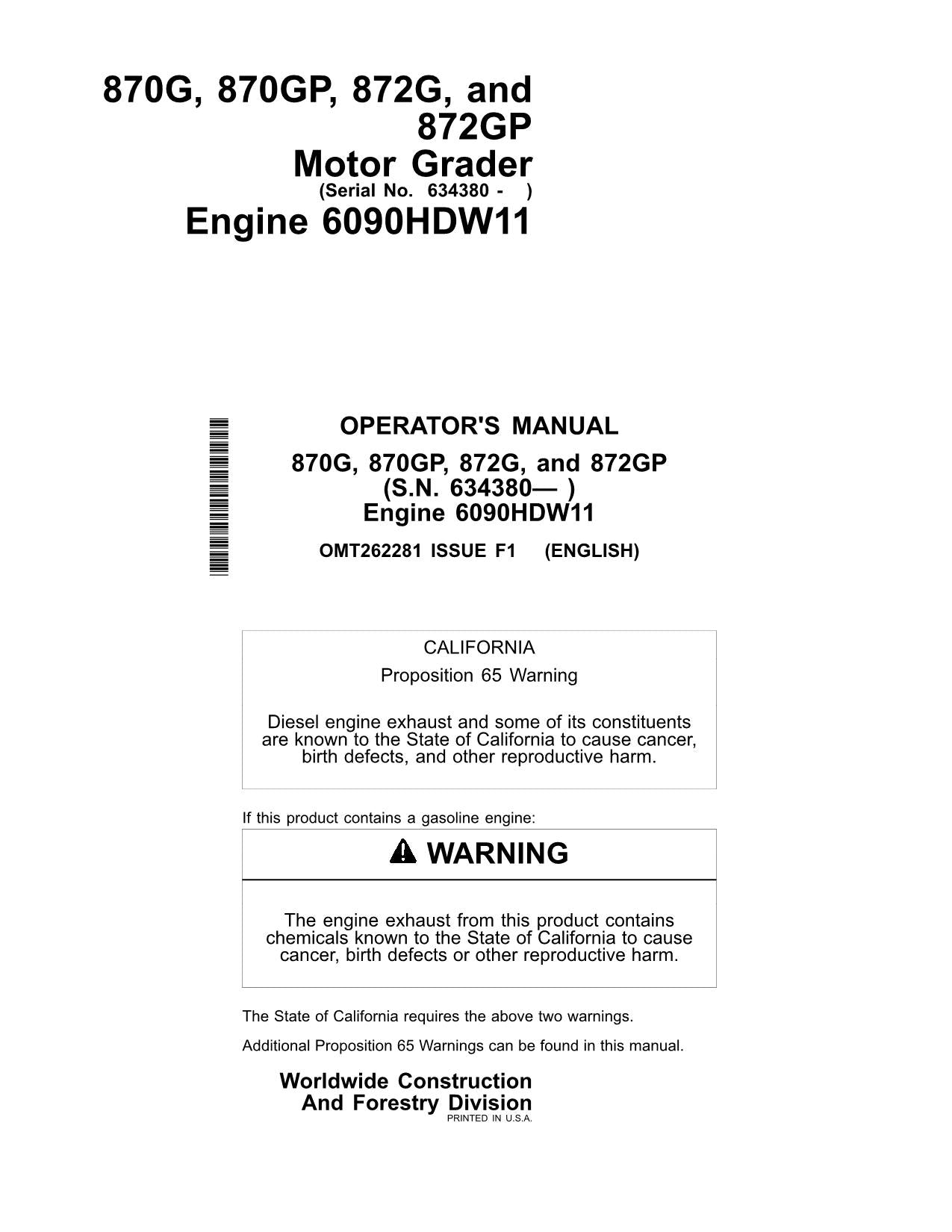 JOHN DEERE 870G 870GP 872G 872GP MOTOR GRADER OPERATORS MANUAL #3