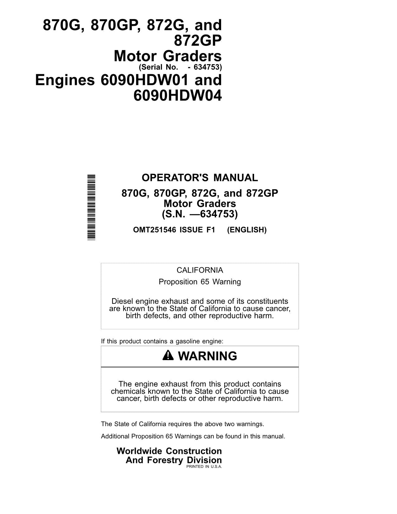 JOHN DEERE 870G 870GP 872G 872GP MOTOR GRADER OPERATORS MANUAL #4