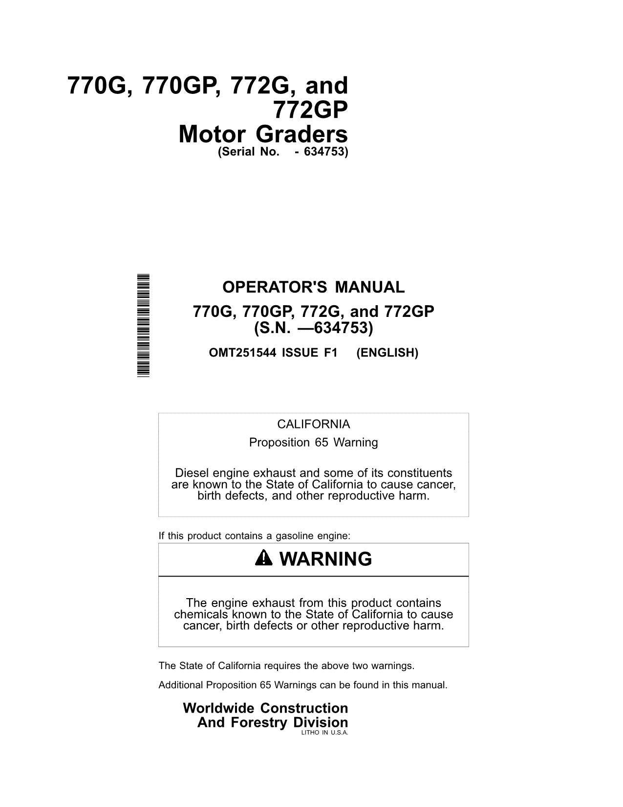 JOHN DEERE 770G 770GP 772G 772GP MOTOR GRADER OPERATORS MANUAL #7