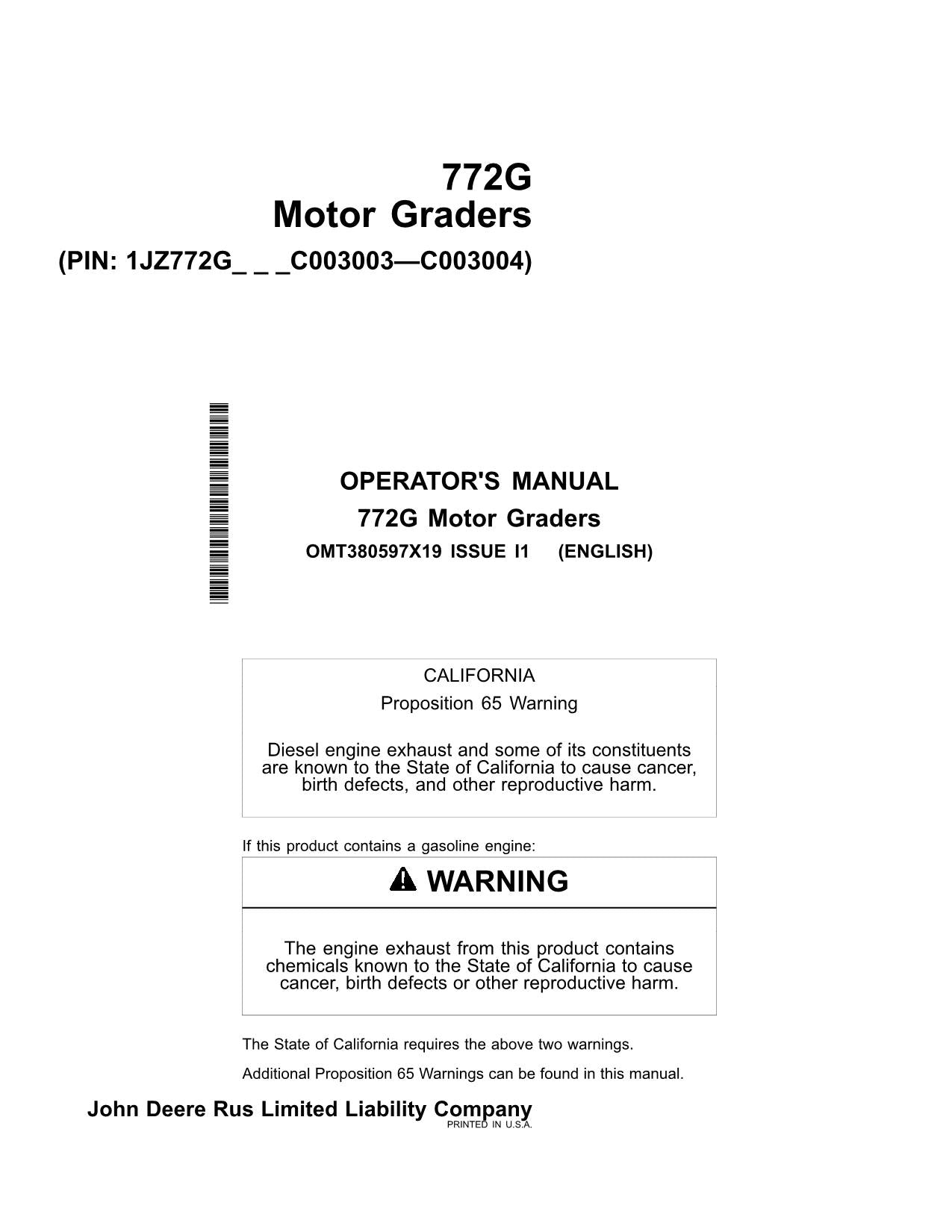 MANUEL D'UTILISATION DE LA NIVELEUSE AUTOMOTRICE JOHN DEERE 772G