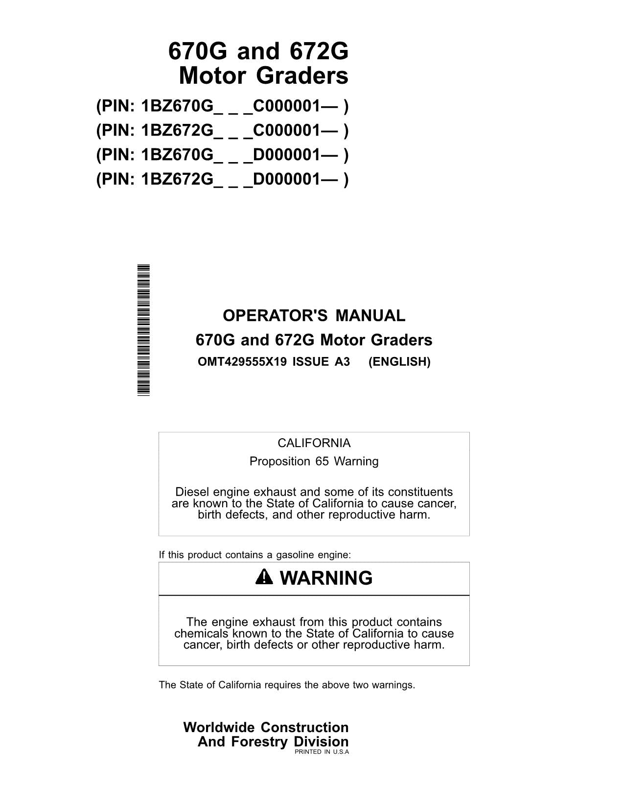 JOHN DEERE 670G 672G MOTOR GRADER OPERATORS MANUAL #1