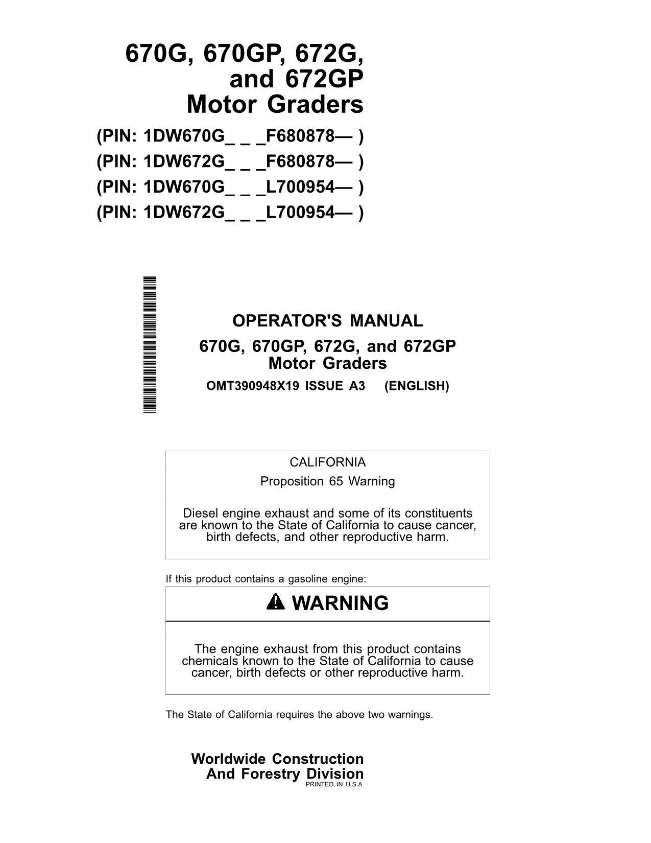 JOHN DEERE 670G 672G MOTOR GRADER OPERATORS MANUAL #2