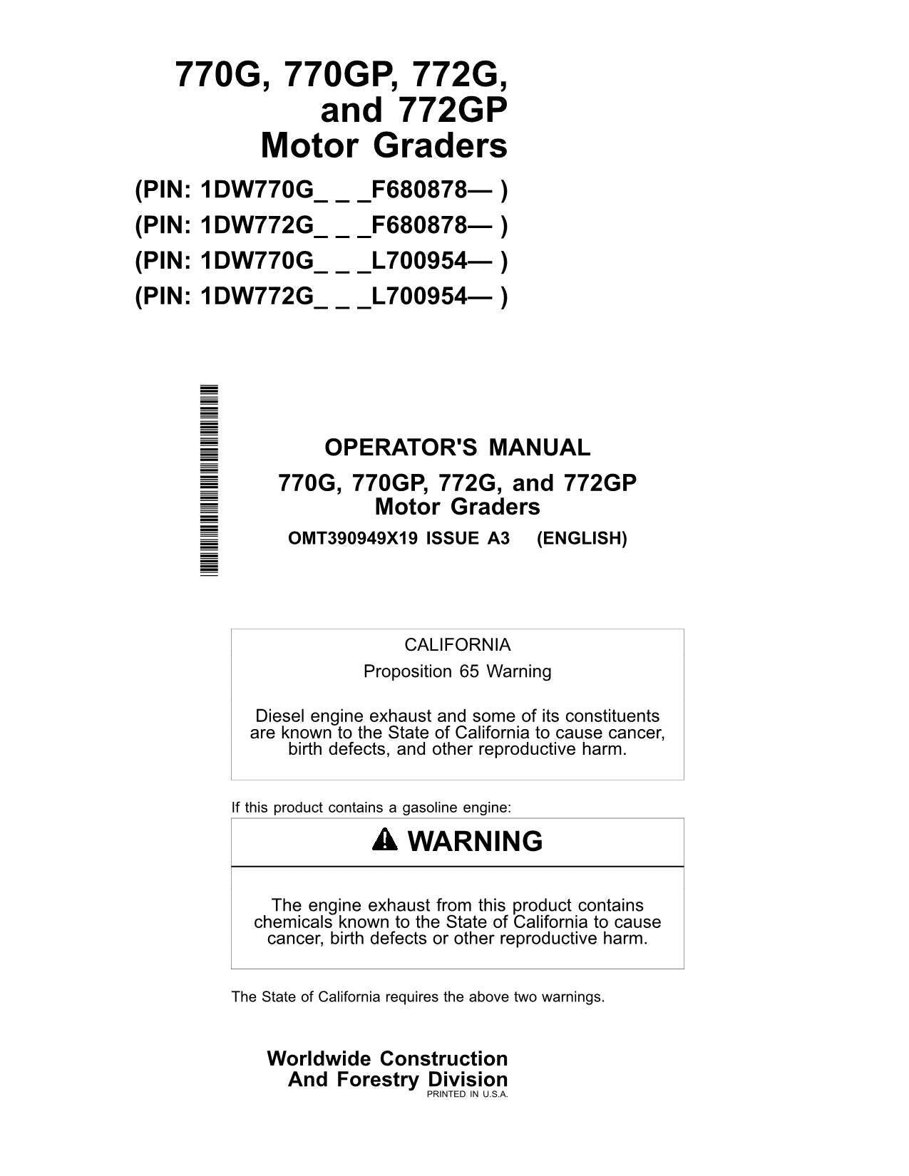 JOHN DEERE 770G 772G MOTOR GRADER OPERATORS MANUAL #1