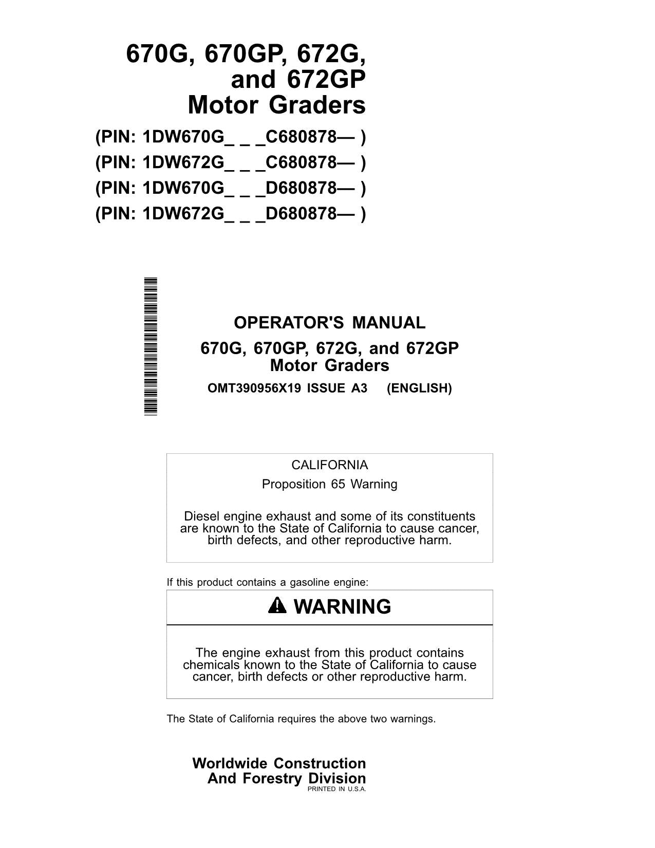 JOHN DEERE 670G 672G MOTOR GRADER OPERATORS MANUAL #3