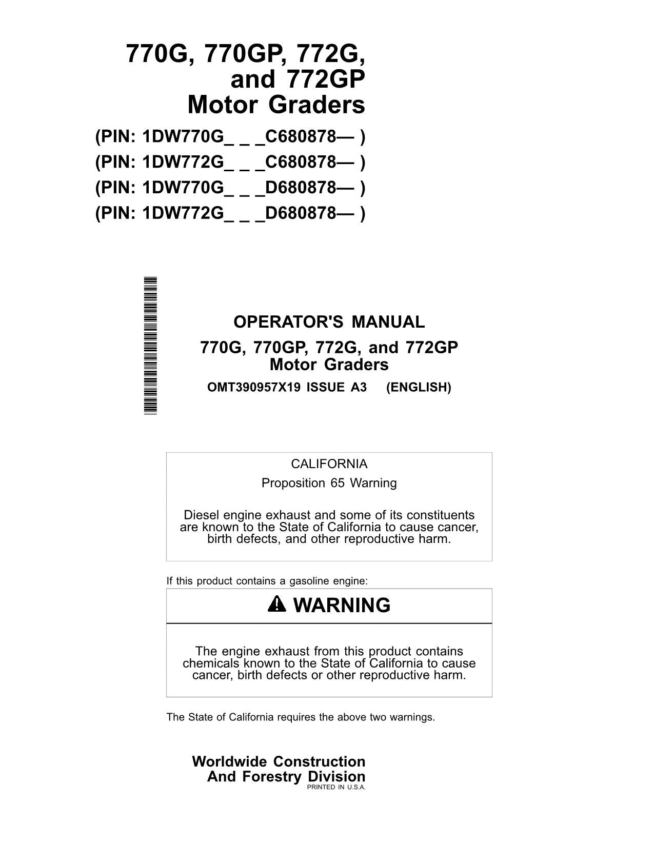 JOHN DEERE 770G 772G MOTOR GRADER OPERATORS MANUAL #2