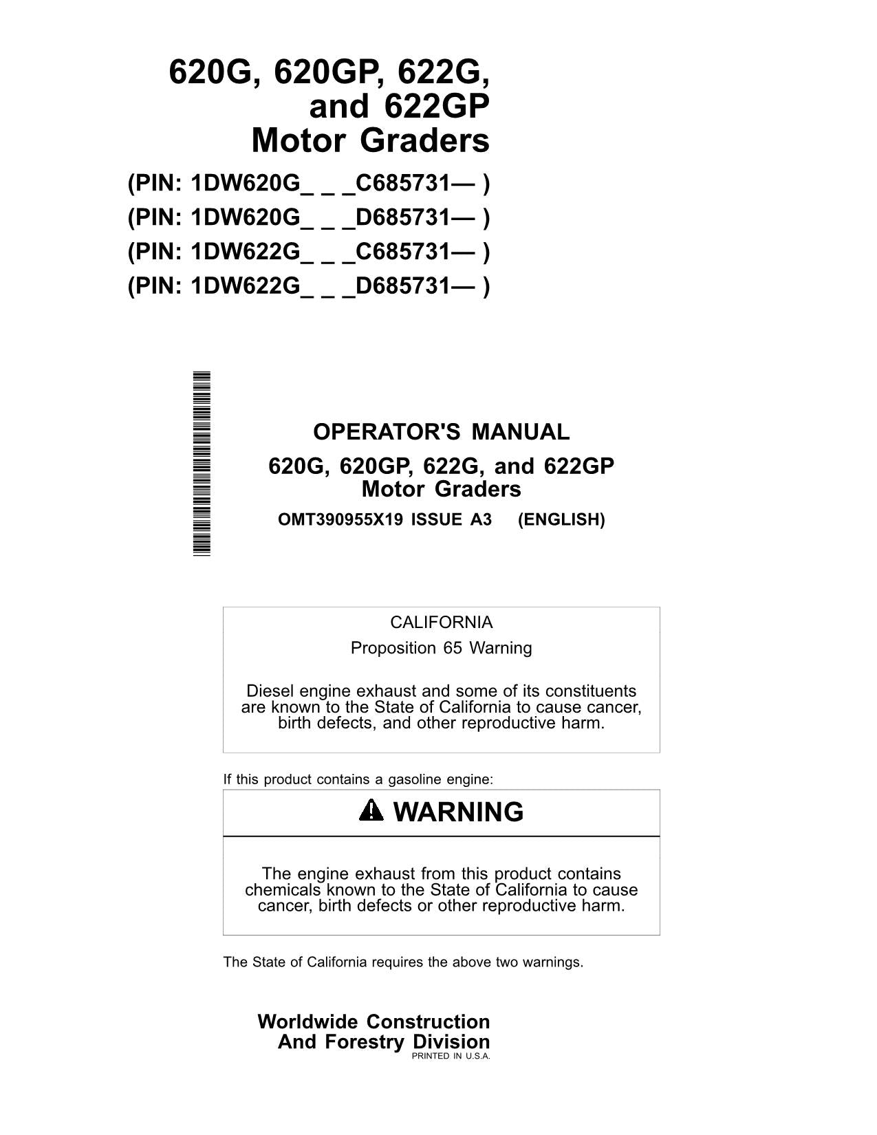 JOHN DEERE 620G 622G MOTOR GRADER OPERATORS MANUAL #2