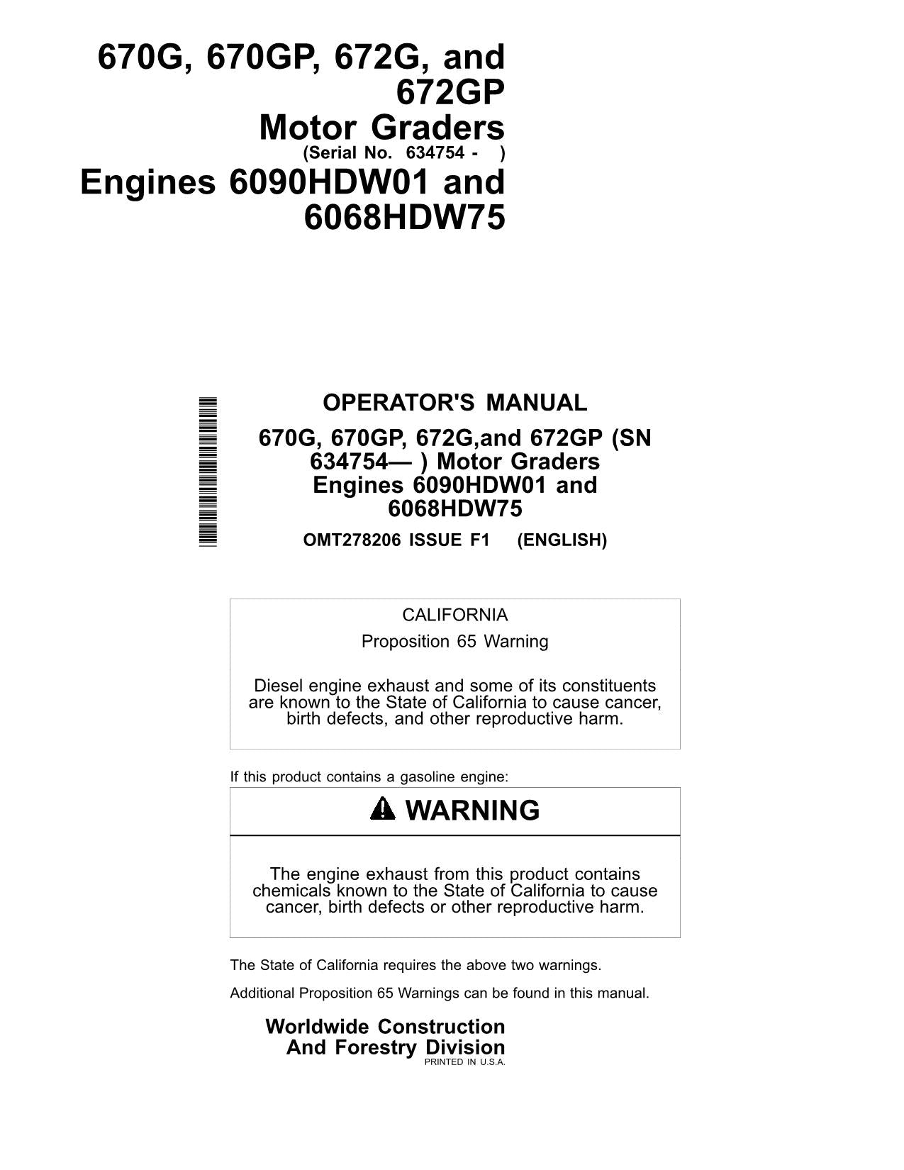 JOHN DEERE 670G 672G 670GP 672GP MOTOR GRADER OPERATORS MANUAL